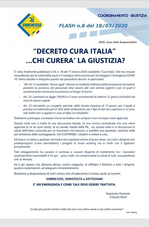 ” DECRETO CURA ITALIA” CHI CURERA’ LA GIUSTIZIA?